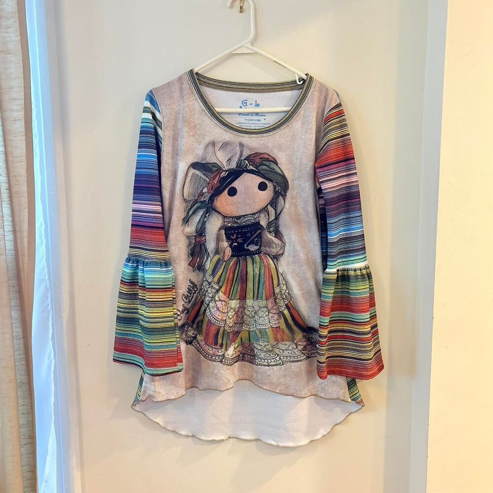 Ay Guey! Striped Women's Multi Blouse Bell Sleeve Tunic Axolotl